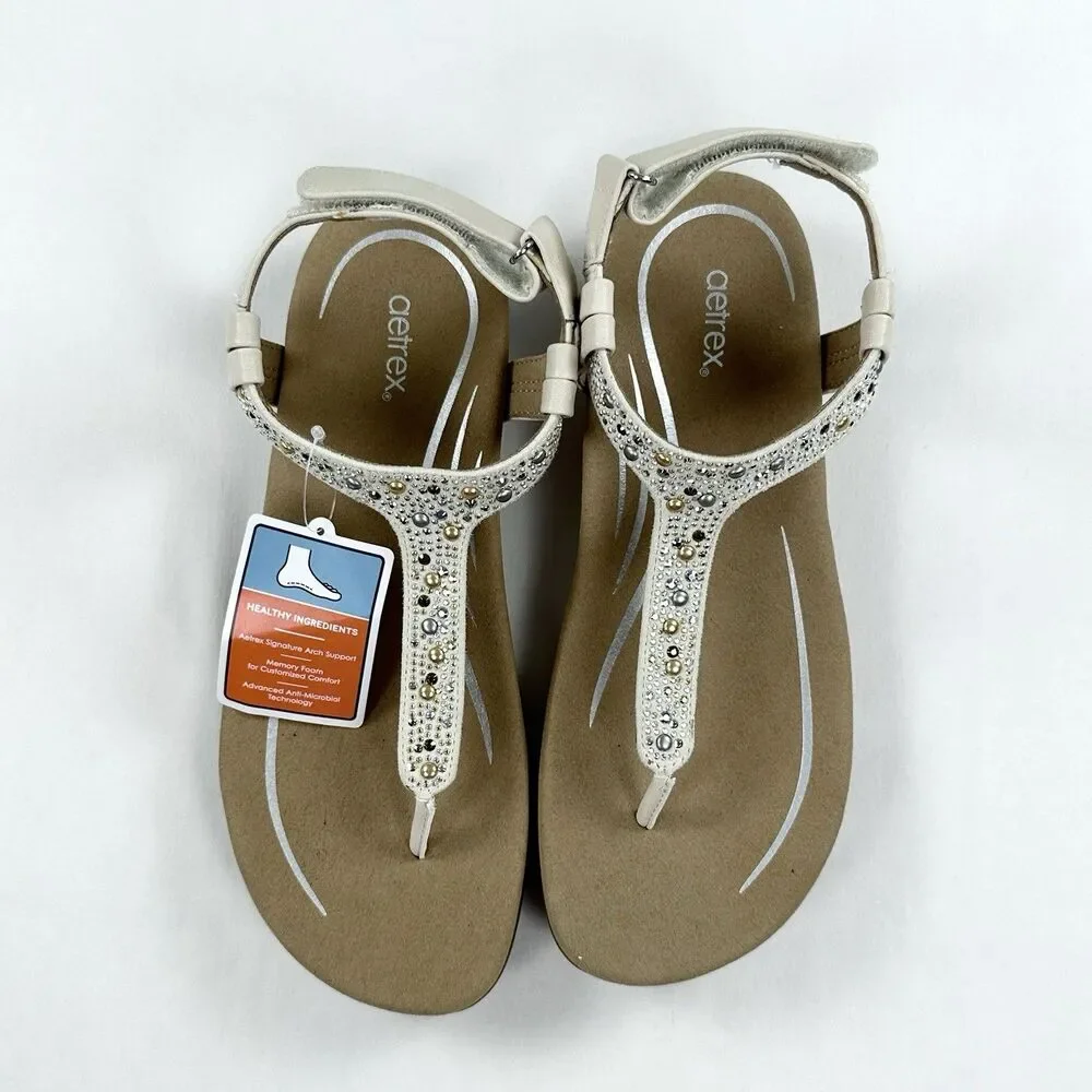 Aetrex Lindsey Beaded Thong Sandals Size 9 9.5 EU 40 Cream Arch Support